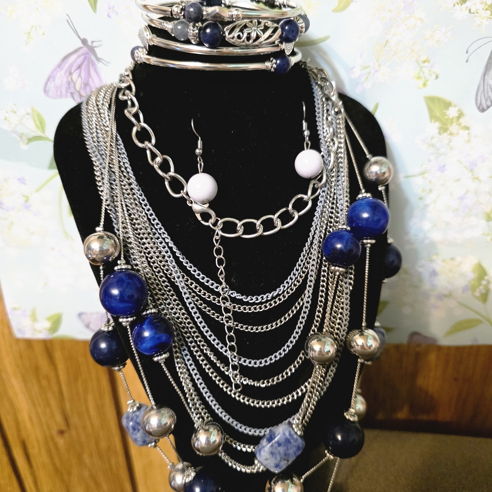 Elegant Silver and Blue Beaded Necklace